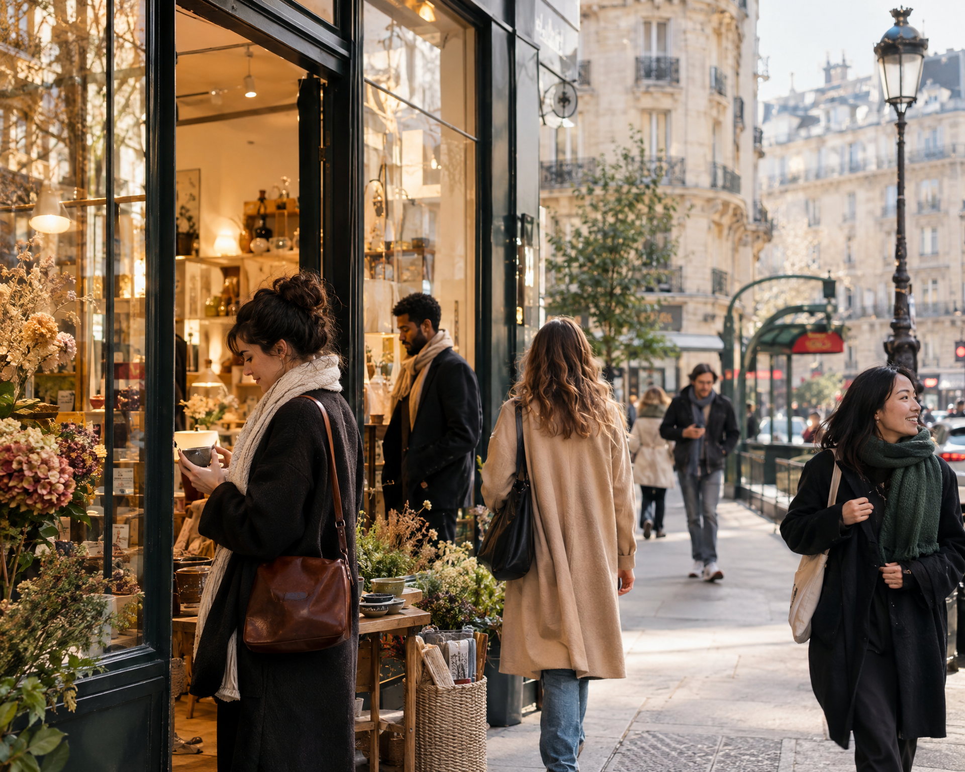 Devantures colorées et étals de produits frais dans la rue Montorgueil au petit matin, avec ses pavés historiques et ses façades parisiennes typiques
